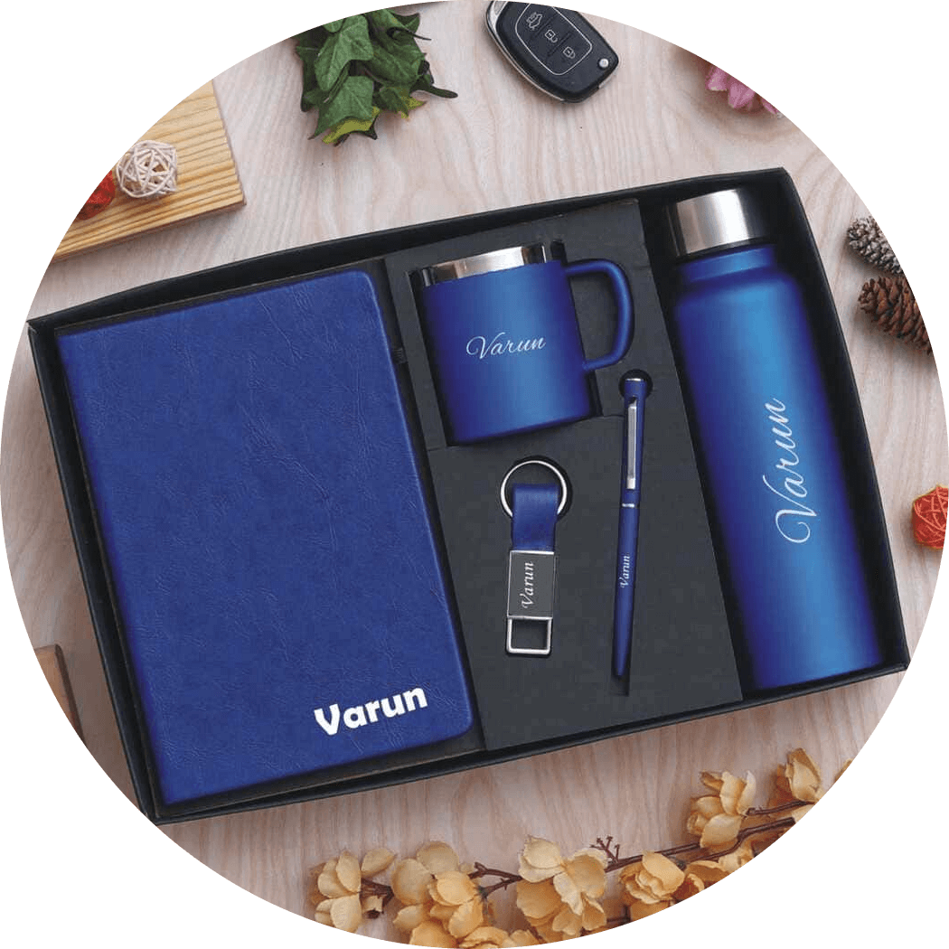 customised luxuary corporate gift set royal blue bottle pen coffee mug keychain dairy photoaidcom cropped